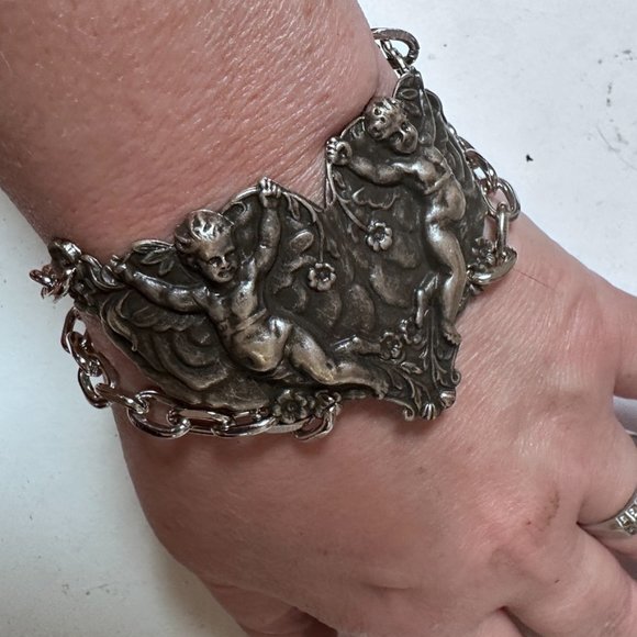 Cherub Chain Angel Bracelet Link Statement Cuff Putti Silver Baroque Rococo - Picture 10 of 11